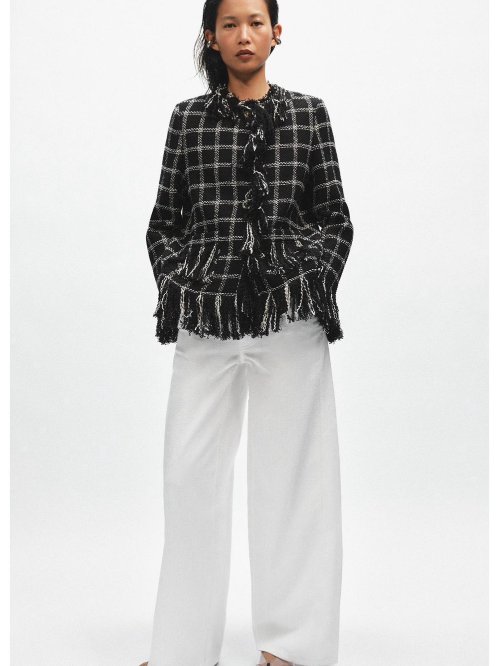 Zara Black and White Windowpane Fringe Tweed Blazer
